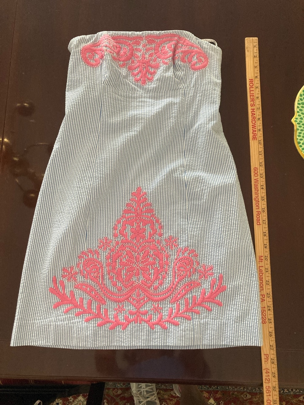 Lilly Pulitzer Blue and White pinstripe Strapless Dress with pink beads